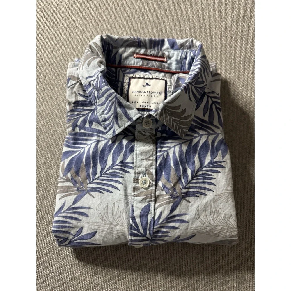 Denim And Flower Ricky Singh Slim Fit Blue And White Palm Leaves Shirt Large‎